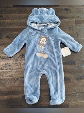 NWT 3/6M Disney Baby Mickey Mouse Plush Fleece Hooded Winter Pram Bunting Suit